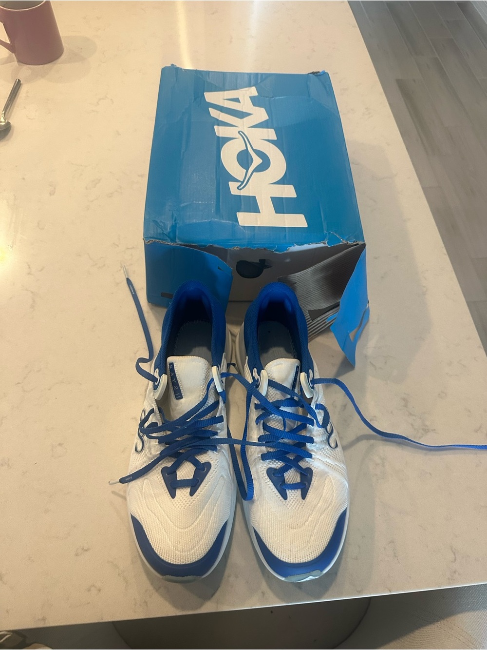 Hoka White and Blue Athletic Running Shoes